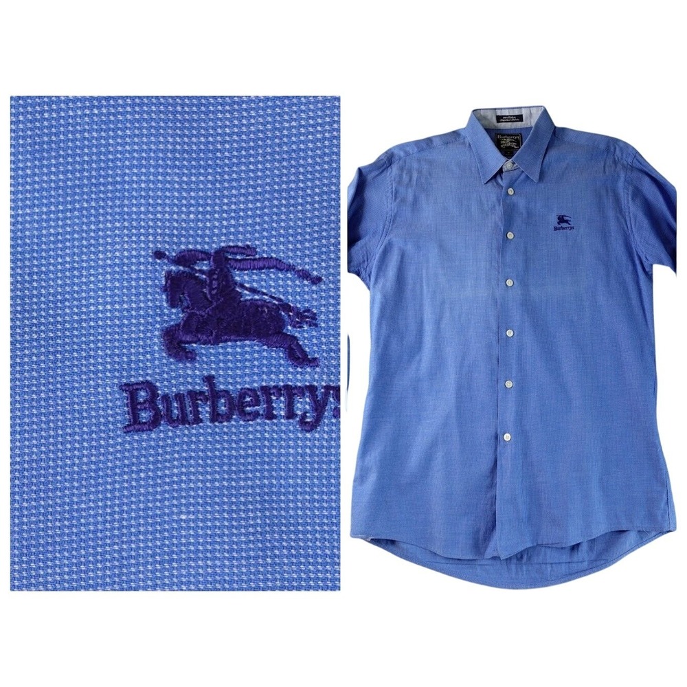 Vintage Burberrys Button Down Shirt Mens M Blue Long Sleeve Embroidered Logo USA